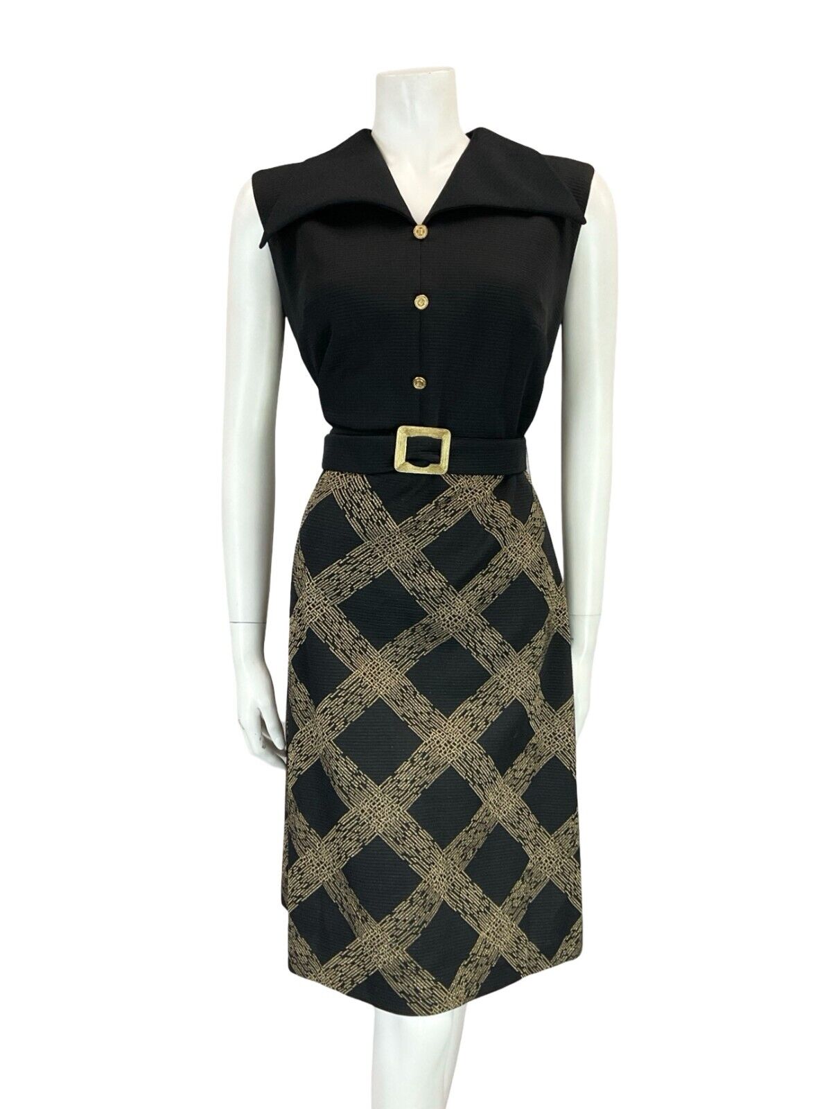 VTG 60S 70S BLACK GOLD CHECKED BELTED WING COLLAR SLEEVELESS SHRT DRESS 14 16