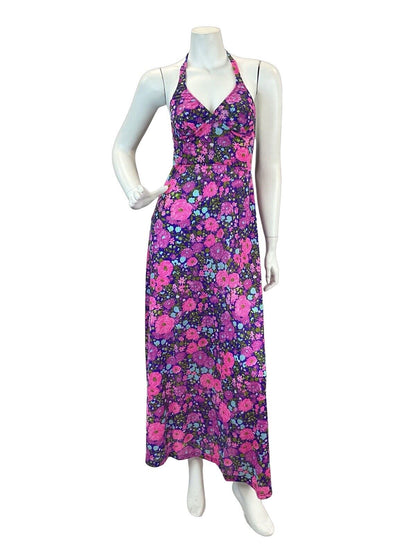 VTG 60s 70s BRIGHT PINK PURPLE BLUE FLORAL HALTERNECK MAXI DRESS 4 6