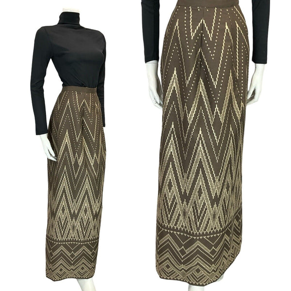 VTG 60S 70S ART DECO GEOMETRIC BROWN GOLD ZIG ZAG MAXI SKIRT 8