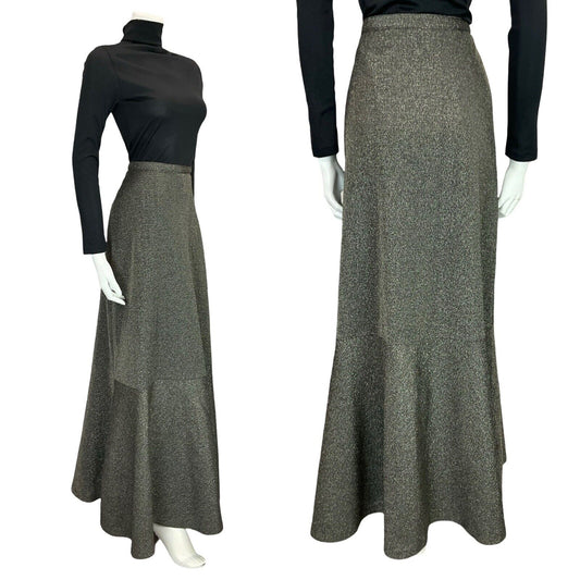 VTG 70S CHARCOAL SILVER GLITTERY PARTY LUREX FLARE FISHTAIL MAXI SKIRT 10 12