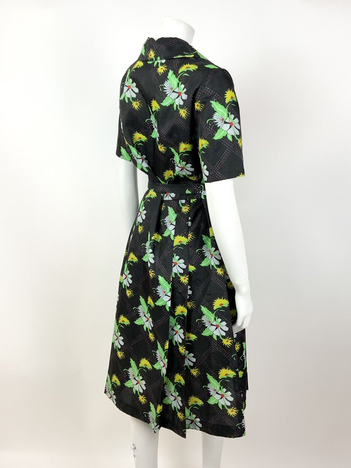 VINTAGE 60s 70s BLACK GREEN YELLOW WHITE CHECKED FLORAL BELTED SWING DRESS 14 16