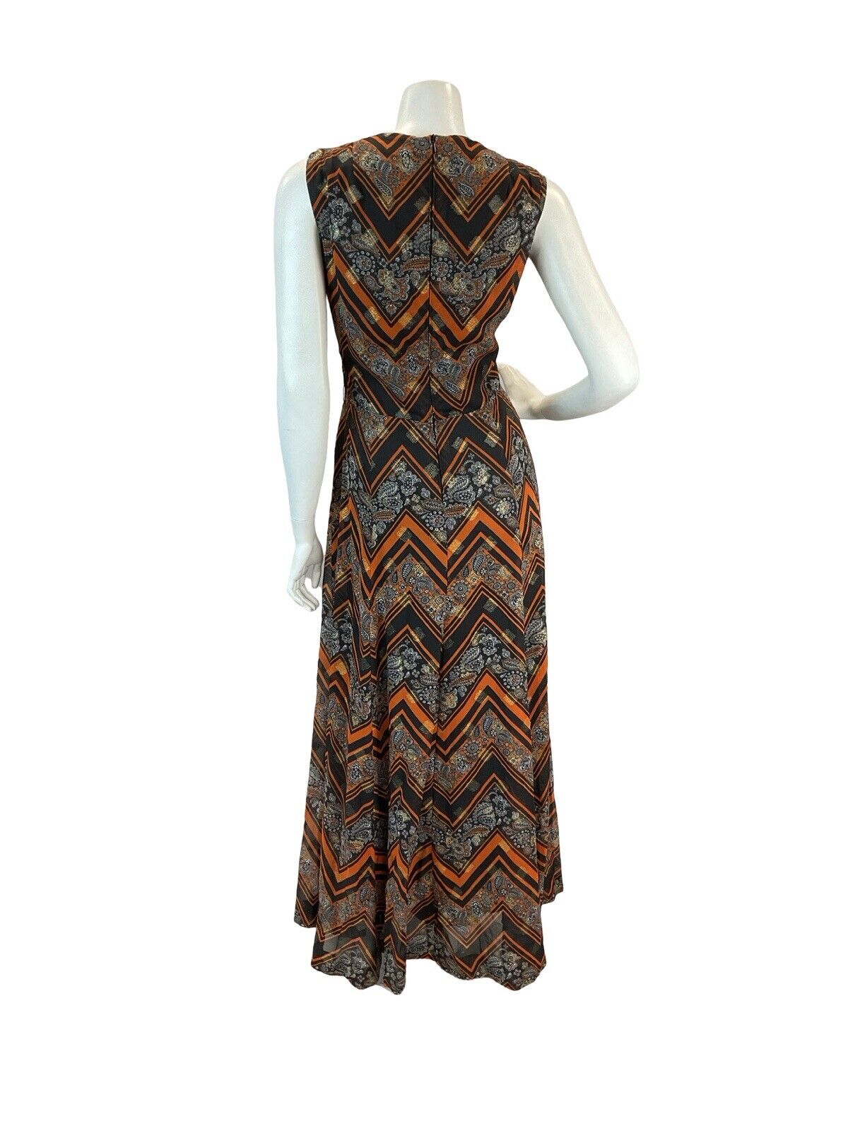 VTG 60S 70S ORANGE BLACK PAISLEY CHEVRON STRIPED FORMAL MAXI DRESS 12