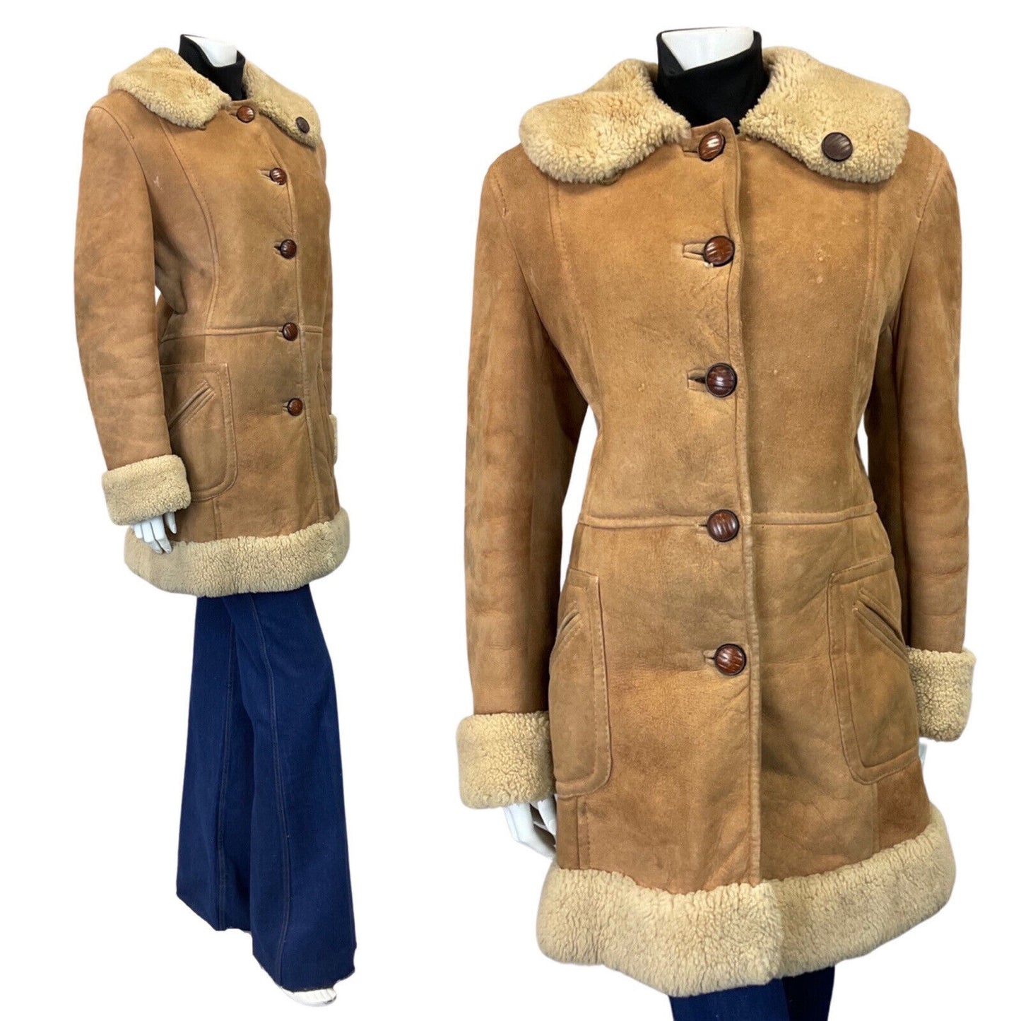 VINTAGE 60s 70s SAND BROWN CREAM SUEDE LEATHER BOHO MOD SHEARLING COAT 14 16