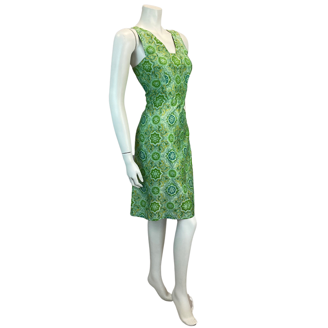 VINTAGE 60s 70s GREEN GEOMETRIC TRIPPY PATTERN MINI DRESS 10