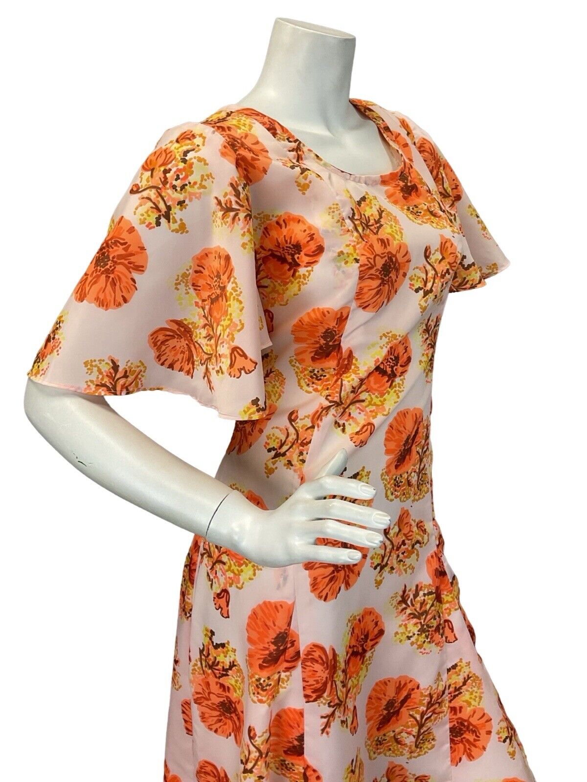 VINTAGE 60s 70s BUTTERFLY SLEEVE ORANGE FLORAL MAXI DRESS 12 14