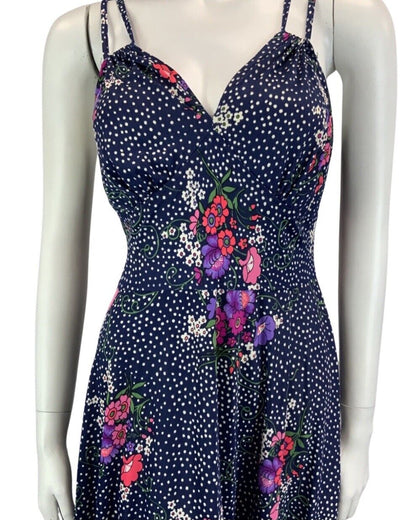 VINTAGE 60s 70s NAVY BLUE WHITE POLKA DOT FLORAL PRINT STRAPPY MAXI DRESS 10