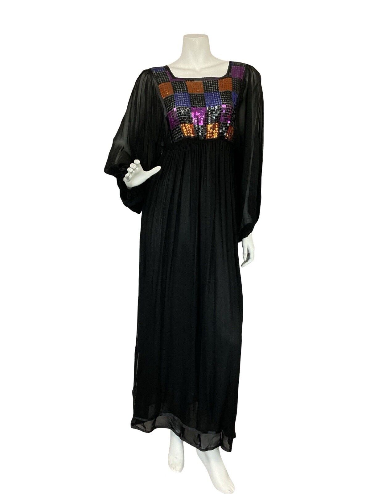 VTG 70S DISCO MESH BLACK PURPLE ORANGE SEQUIN BATWING FLOATY PARTY DRESS 6 8