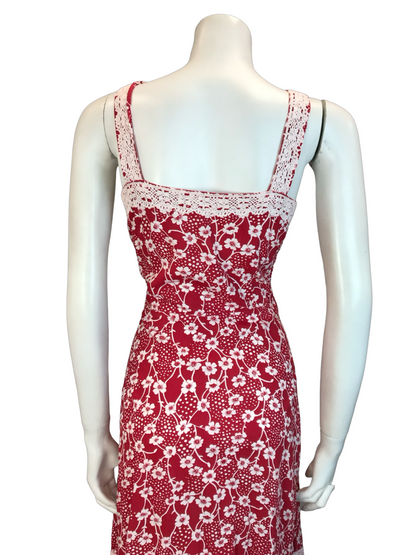 VTG 70S RED WHITE FOLK COTTON FLORAL CROCHET SUMMER SUN DRESS 10 12