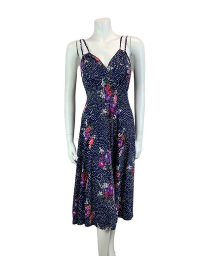 VINTAGE 60s 70s NAVY BLUE WHITE POLKA DOT FLORAL PRINT STRAPPY MAXI DRESS 10