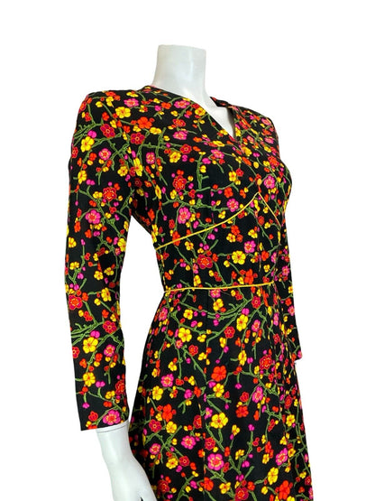 VTG 70S PSYCHDELIC CHERRY BLOSSOM BLACK YELLOW PIINK V NECK LONG SLEEVE DRESS 10