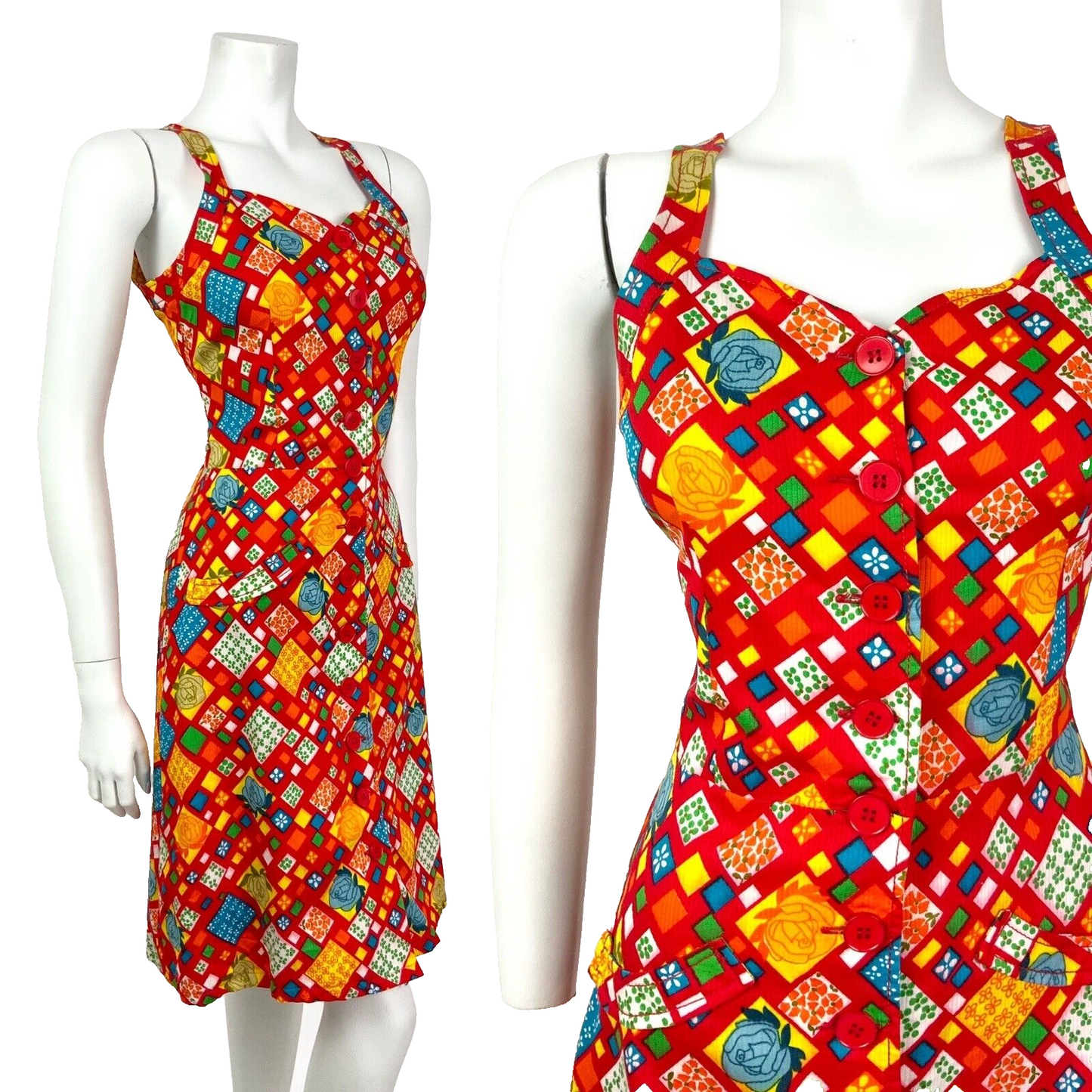 VINTAGE 60s 70s RED BLUE YELLOW PATCHWORK FLORAL GEOMETRIC STRAPPY SUNDRESS 8