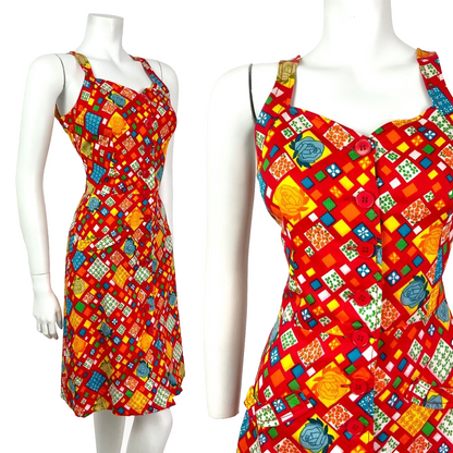 VINTAGE 60s 70s RED BLUE YELLOW PATCHWORK FLORAL GEOMETRIC STRAPPY SUNDRESS 8