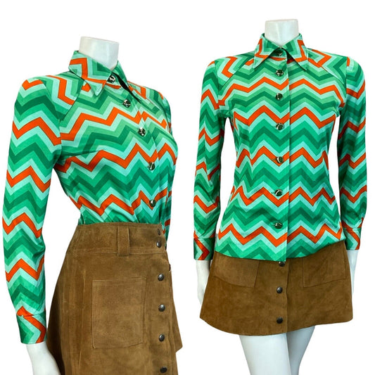 VTG 60S 70S GREEN RED ZIG ZAG GEOMETRIC WING COLLAR SHIRT SIZE 10