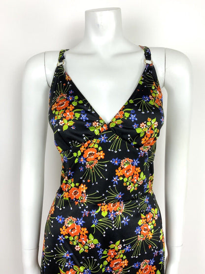 VTG 60s 70s BLACK BLUE ORANGE GREEN FLORAL HAWAIIAN SUMMER HALTER DRESS 10