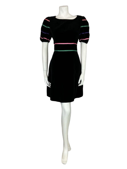 VTG 60S BLACK VELVET PUFF SEEVE PINK GREEN PURPLE RIBBON MINI PARTY DRESS 10