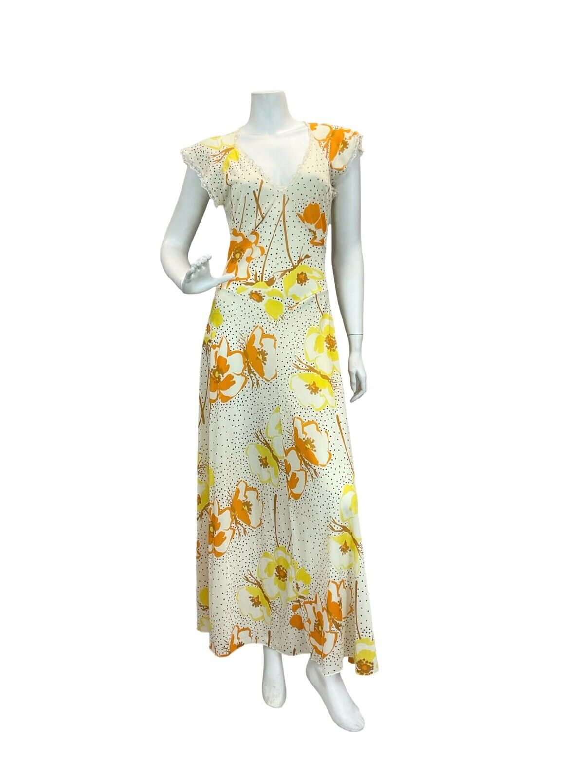 VTG 70S CREAM ORANGE YELLOW FLORAL SUMMER SUN SHEER MAXI DRESS 8 10