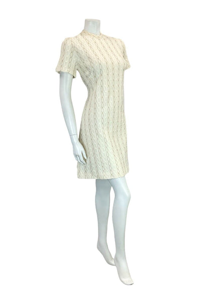 VTG 60S MOD WOOL KNITTED TEXTURE CREAM GOLD SHORT SLEEVE MINI DRESS 11