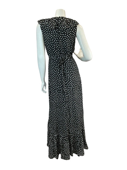 VTG VERA MONT POLKA DOT BLACK WHITE SLEEVELESS RUFFLE SUMMER MAXI DRESS 8 10