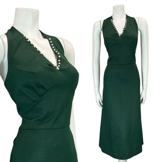 VTG 70S FOREST GREEN GLITTER LUREX PEARLS HALTER NECK MIDI DRESS SIZE 12 14 M