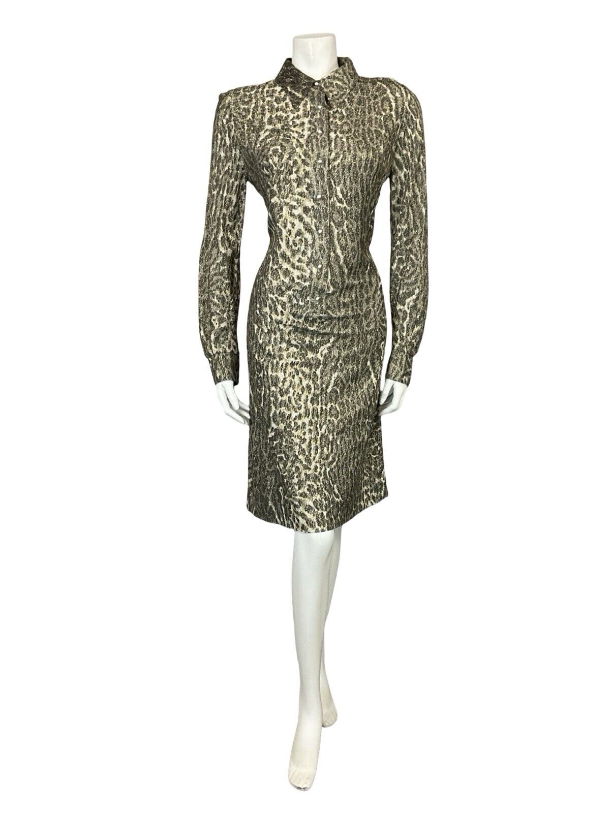 VTG 70S DISCO PARTY LUREX GOLD LEOPARD PRINT LONG SLEEVE MIDI SHIRT DRESS 12