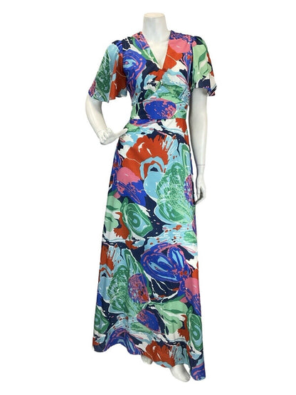 VTG 60S 70S BRIGHT ABSTRACT PATTERN BUTTERFLY SLEEVE MAXI DRESS 6 8