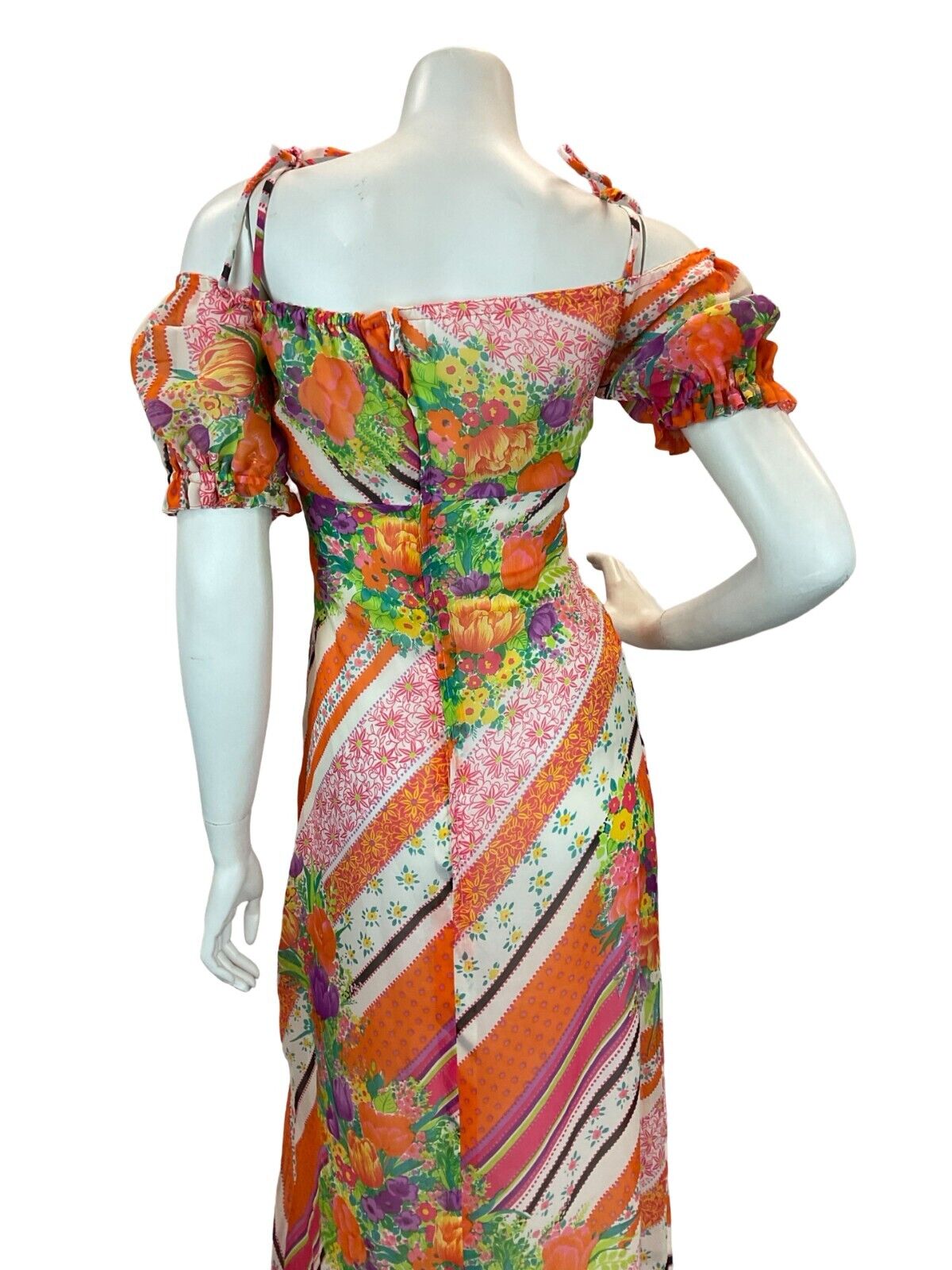 VTG EMPIRE STRIPE FLORAL PSYCHEDELIC MAXI DRESS ORANGE PINK BLUE GREEN YELLOW 8