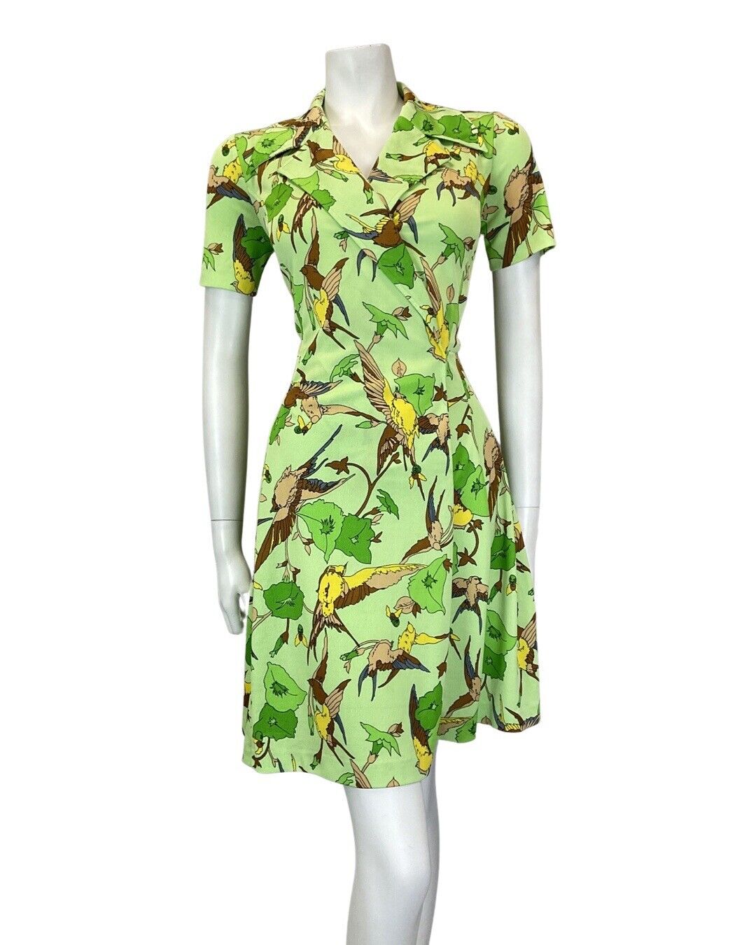 VINTAGE 60s 90s GREEN BROWN YELLOW FLORAL BIRD PARROT MOD SHIRT DRESS 10