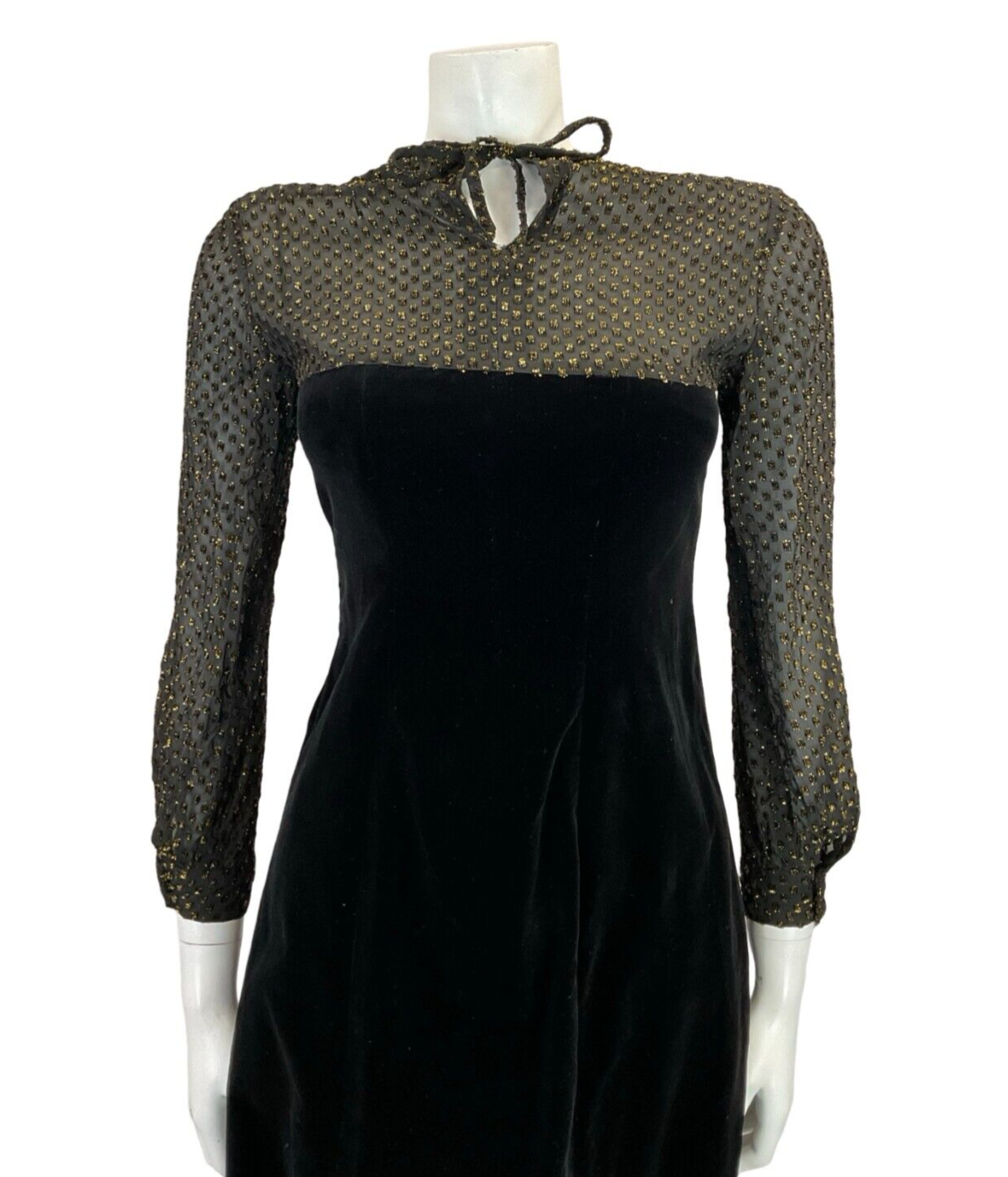 VTG 60S 70S BLACK VELVET MESH GOLD POLKA DOT EVENING PARTY KEYHOLE MINI DRESS 8