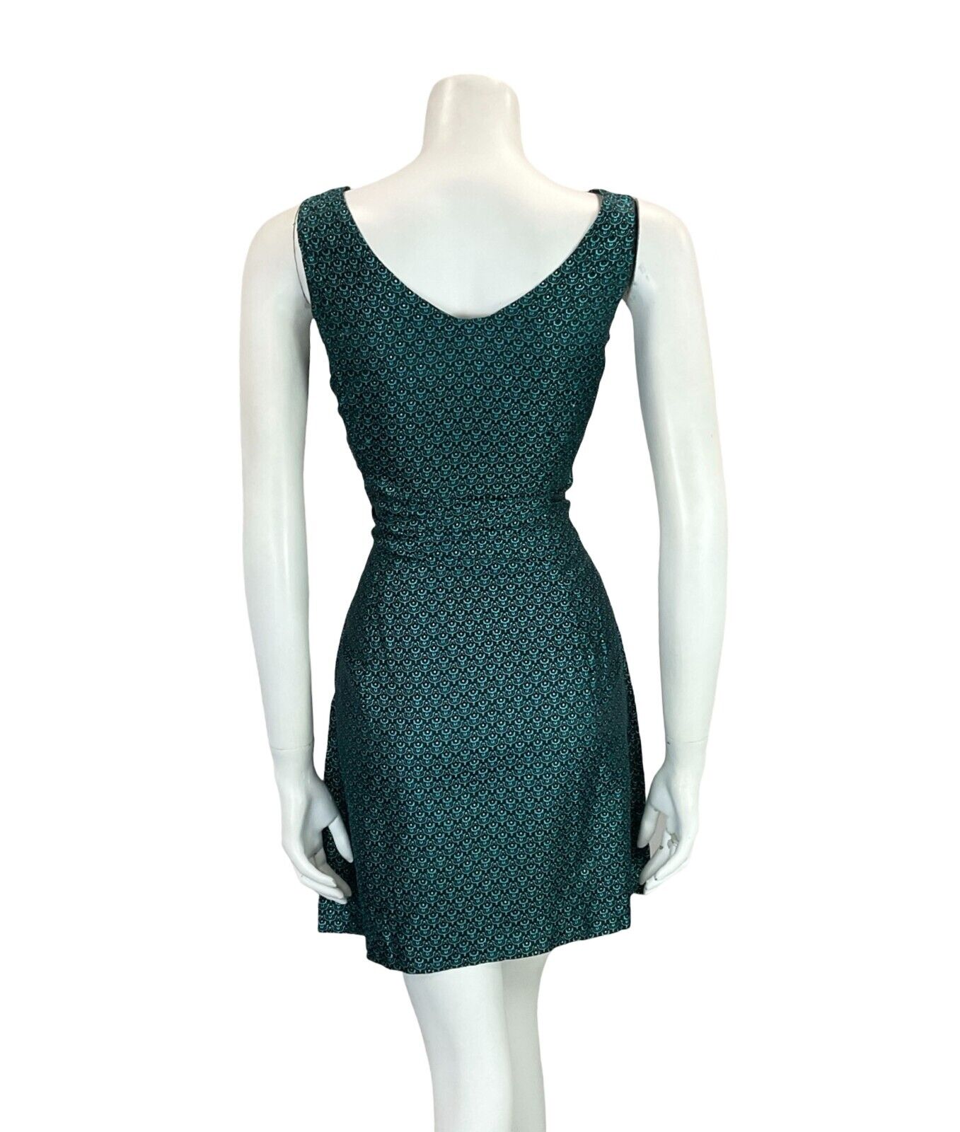 VTG 60S TEAL BLUE BLACK ART DECO BROADE EVENING PARTY MINI DRESS SIZE 10