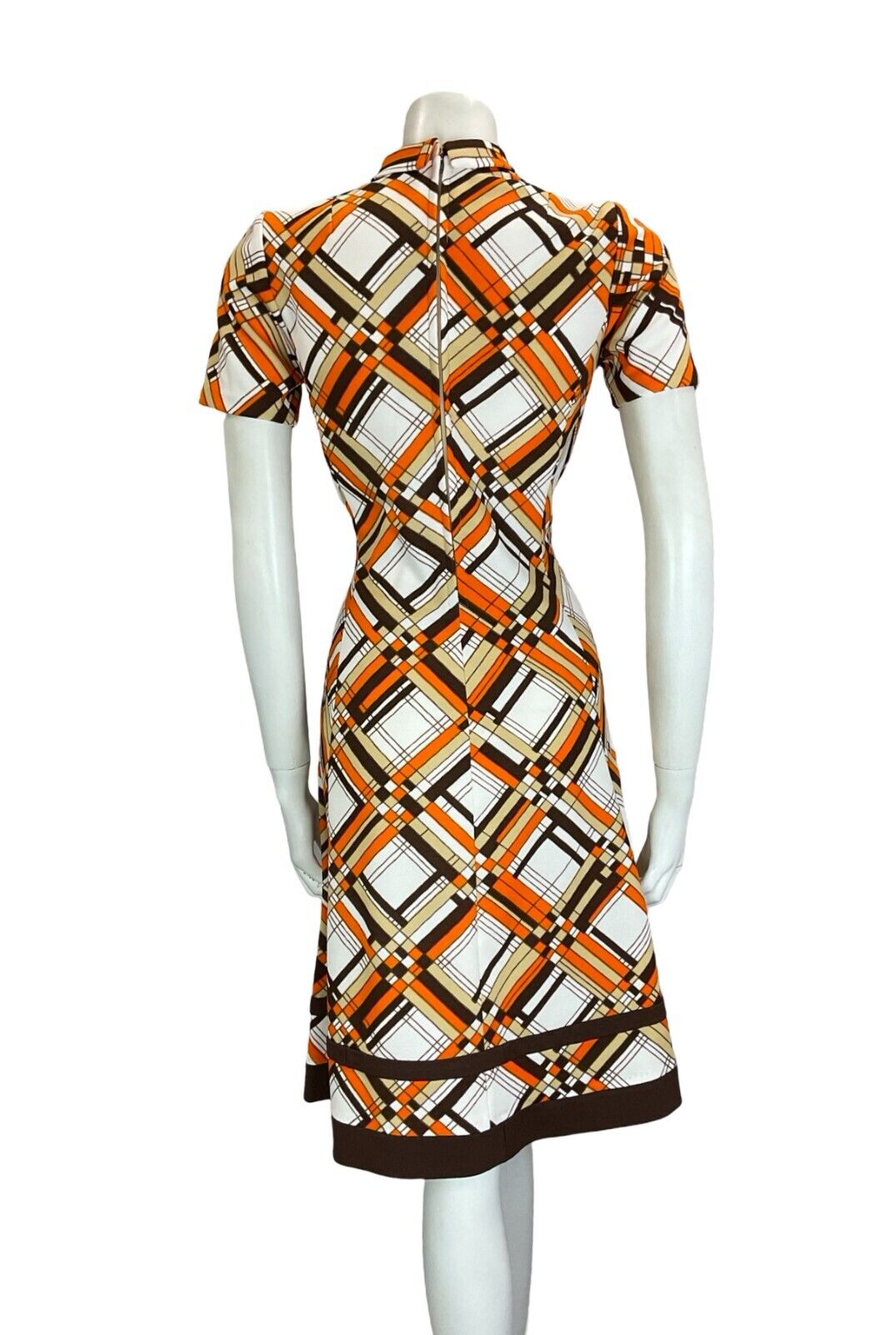 VTG 60S ORANGE WHITE BROWN MOD ROUNDED COLLAR SHORT SLEEVE MIDI DRESS SIZE 10