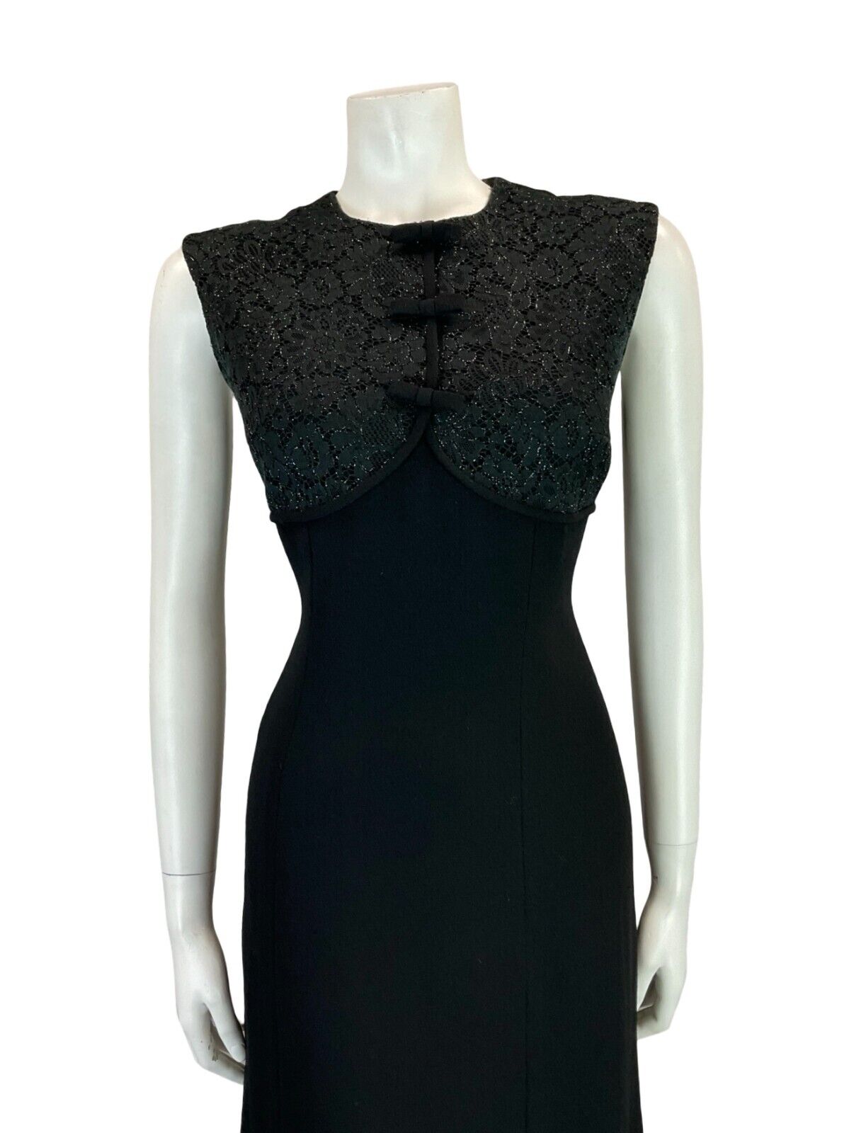 VTG 60S MOD BEADED PANEL LACE NECK SLEEVELESS MINI PARTY LITTLE BLACK DRESS 12