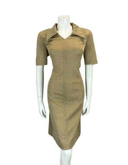 VTG 70S OPEN WING COLLAR GOLD LUREX PARTY SHORT SLEEVED SHIRT DRESS SIZE 12 14