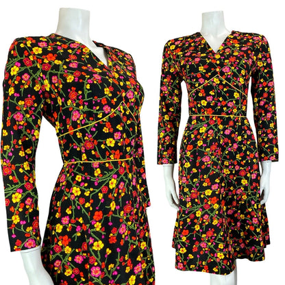 VTG 70S PSYCHDELIC CHERRY BLOSSOM BLACK YELLOW PIINK V NECK LONG SLEEVE DRESS 10