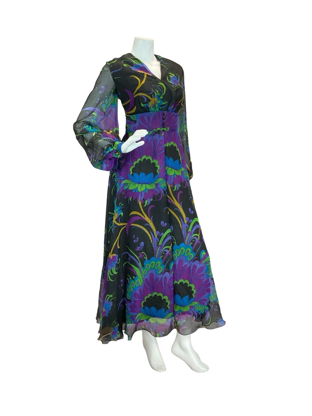 VTG 70S WEDDING PSYCHEDELIC FLORAL PURPLE GREEN BLACK BLUE MAXI DRESS 10 12