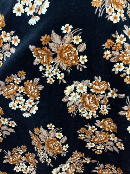 VINTAGE 60s 70s BLACK ORANGE BEIGE FLORAL ROSE BOUQUET VELVET SKATER DRESS 8