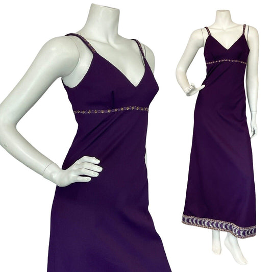 VTG 70S PURPLE GOLD SILVER CRESCENT MOON TRIM STRAP EVENING PARTY MAXI DRESS 6 8