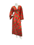 MAXI VTG 60s 70s BELL SLEEVE V-NECK RED GREEN BROWN BOHO MAXI DRESS 10 12