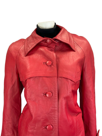 VTG 70S RED LEATHER DAGGER COLLAR BUTTON DOWN MOD COAT SIZE 12