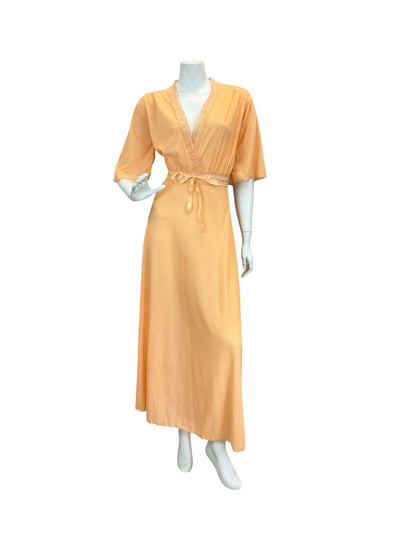 VTG 70S PEACH ORANGE APRICOT LACE GLAM ROMANTIC WRAP MAXI DRESS 12 14