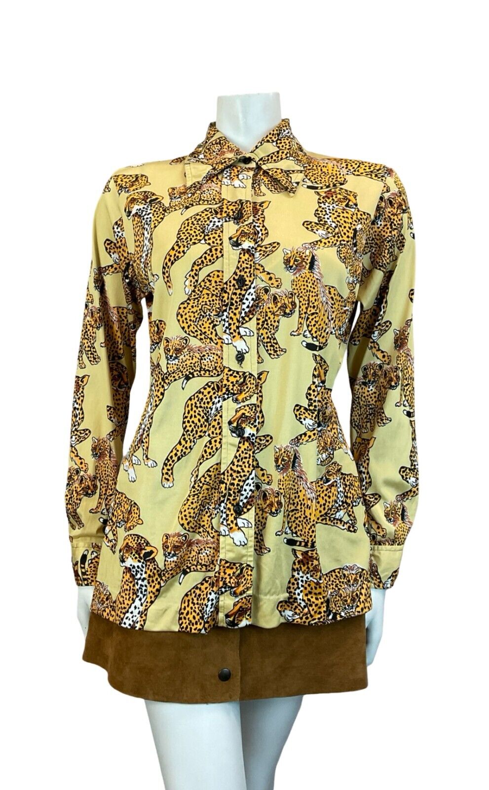 VTG 70S DAGGER COLLAR GOLD YELLOW LEOPARD PATTERN SHIRT TWINS INC MIAMI 14 M