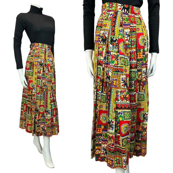 VTG 70S RED BLUE GREEN YELLOW HIPPY GEOMETRIC PATTERN MAXI SKIRT SIZE 12 14