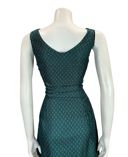 VTG 60S TEAL BLUE BLACK ART DECO BROADE EVENING PARTY MINI DRESS SIZE 10