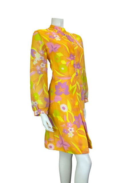 VTG 60S 70S FLORAL PSYCHEDELIC MANDARIN COLLAR ORANGE PINK YELLOW SHIFT DRESS 14