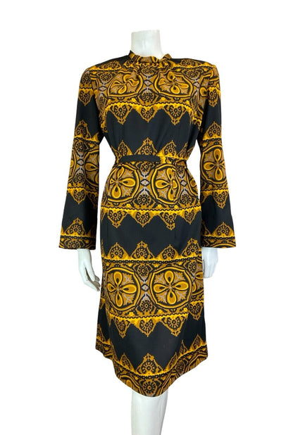 VTG 70S BLACK BROWN YELLOW BOHO LONG SLEEVE ROUNDED NECK GEOMETRIC DRESS SIZE 16