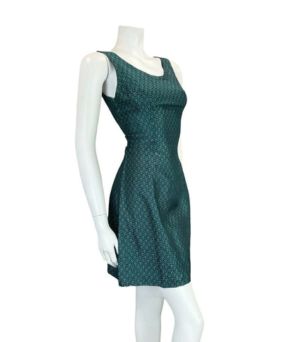 VTG 60S TEAL BLUE BLACK ART DECO BROADE EVENING PARTY MINI DRESS SIZE 10