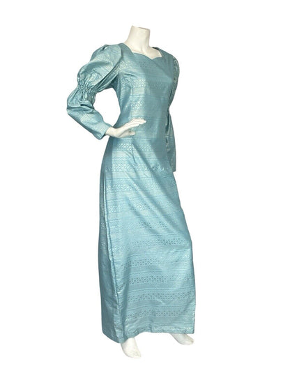 VTG 60S 70S BLUE GEOMETRIC IRIDESCENT JULIET SLEEVE PARTY MAXI DRESS M 12 14