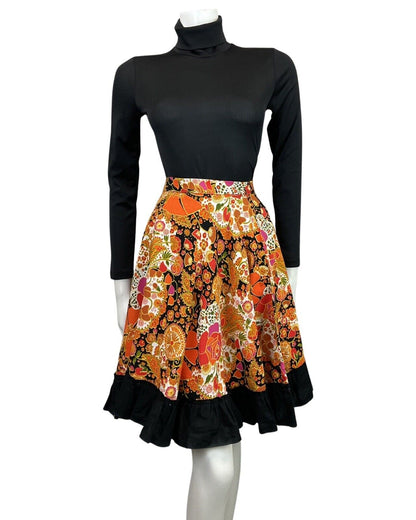 VINTAGE 60s 70s ORANGE PINK BLACK PSYCHEDELIC FLORAL RUFFLED CIRCLE SKIRT 10 12