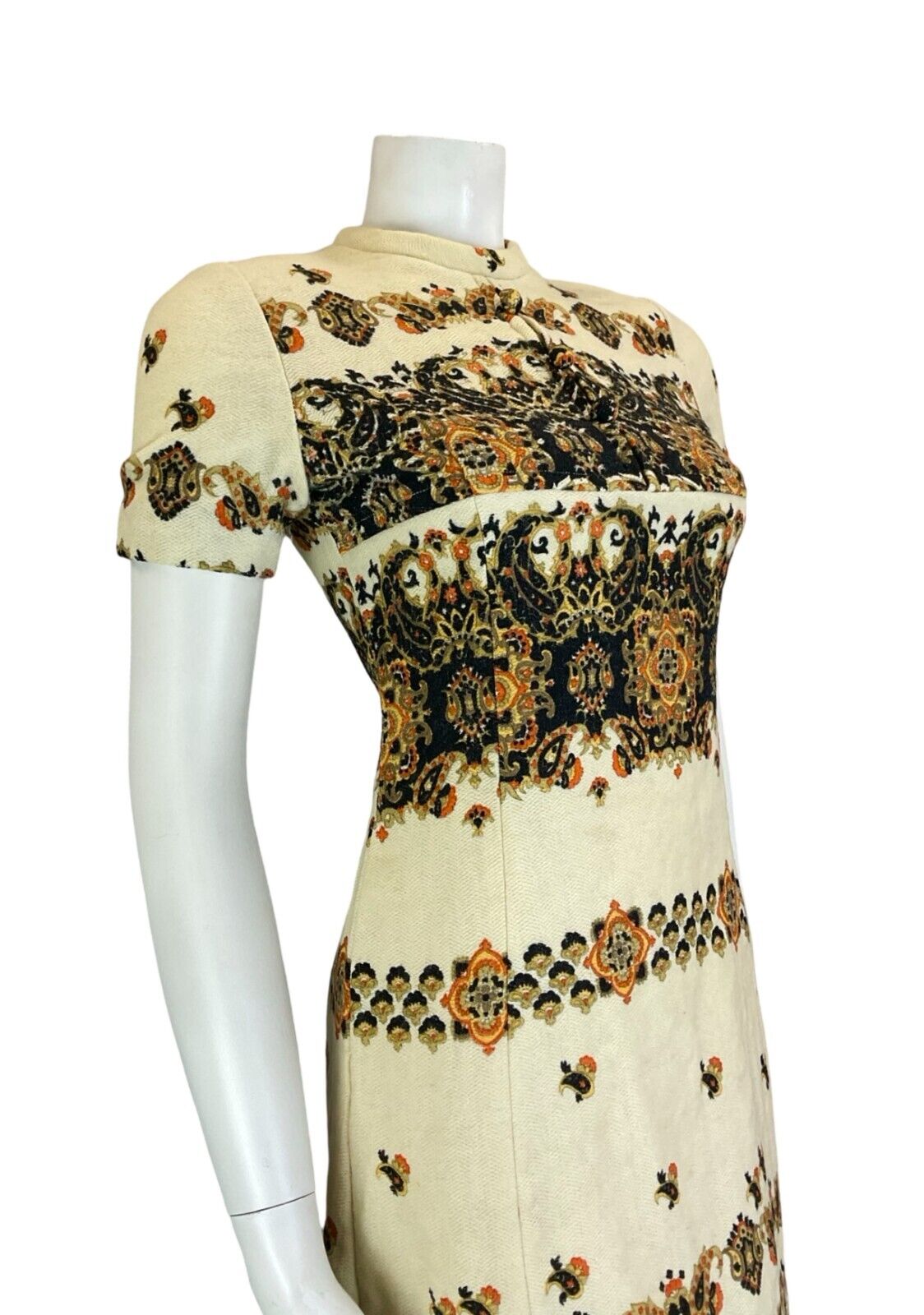 VTG 60S PAISLEY HIPPY MOD CREAM BLACK ORANGE WOOL SHORT SLEEVE SHIFT DRESS SIZE6