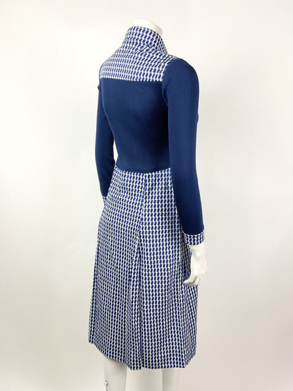 VINTAGE 60s 70s NAVY BLUE WHITE HOUNDSTOOTH DAGGER COLLAR SHIRT DRESS 8 10