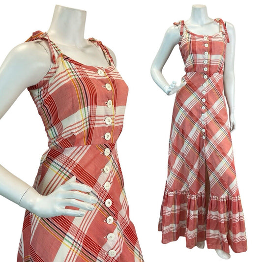 VTG 60s 70s RED MULTICOLOUR CHECKED PLAID COTTAGECORE MAXI DRESS 8